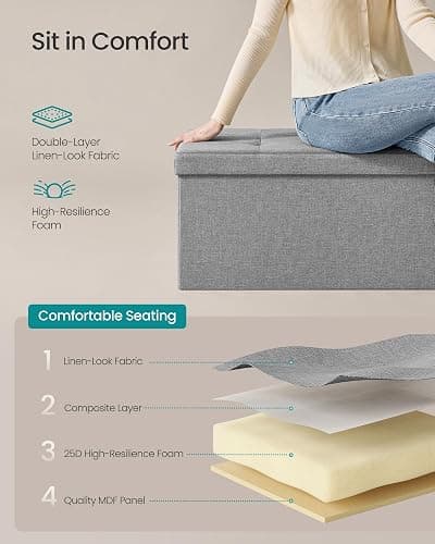 SONGMICS MAZIE Collection - 43 Inches Folding Storage Ottoman Bench, Ottoman Foot Rest, End of Bed Bench, Storage Chest, Load 660 lb, for Living Room, Bedroom, Entryway, Light Gray ULSF77G thumbnail 6