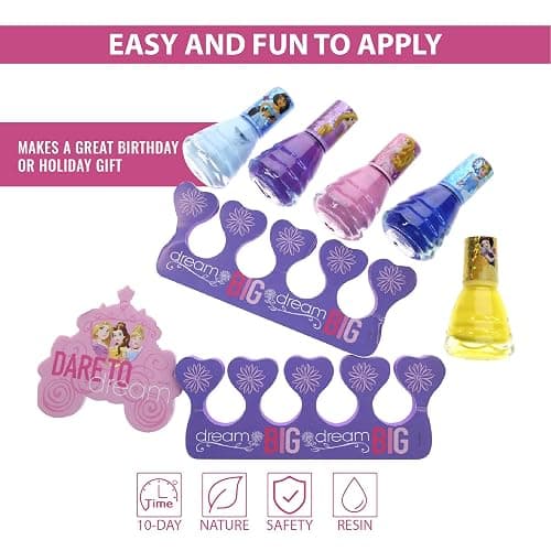 Disney Princess 15 Piece Water Based Nail Polish with 3 Toe Spacers| Quick Dry Peel Off Gift Kit Set for Kids Girls Ages 3+ By Townley Girl thumbnail 2