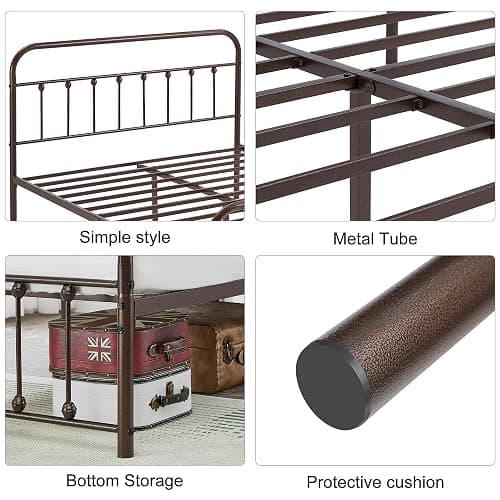 VECELO Queen Size Victorian Style Metal Bed Frame with Headboard Classic Metal Platform Bed Frame Mattress Foundation with Victorian Style Footboard/Under Bed Storage/No Box Spring Aple thumbnail 8