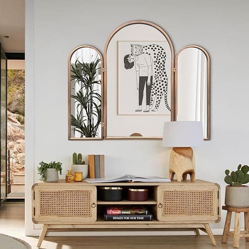 BAODANFU 3 Way Mirror Bathroom, Trifold Vanity Mirrors for Bathroom Bedroom, Large Arch Mirrors Decorative Vintage Gold, Adjustable Makeup Mirror for Braiding Hair 360° Way Tabletop & Wall Mounted thumbnail 7