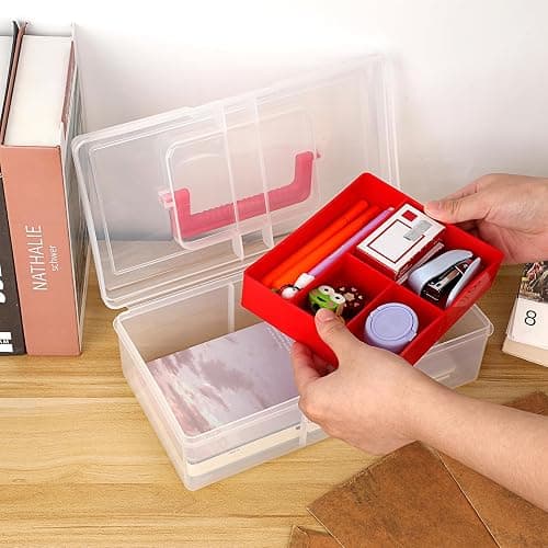 BTSKY 2 PCS Clear Plastic Storage Box with Removable Tray Multipurpose Stationery Storage Box with Handle Handy Sewing Box Art Craft Supply Organizer Home Utility Box (Red) thumbnail 9