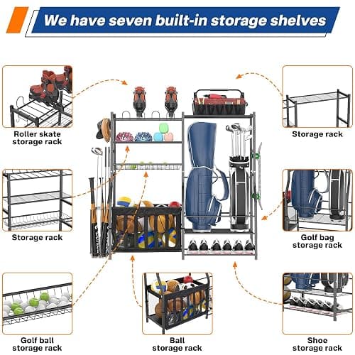 organizelink Garage Sports Equipment Organizer, Strong Load Bearing Golf Bag Organizer, Multi Use Golf Ball Rack Basketball Rack for Sports Gear and Outdoor Toy Ball Storage thumbnail 5