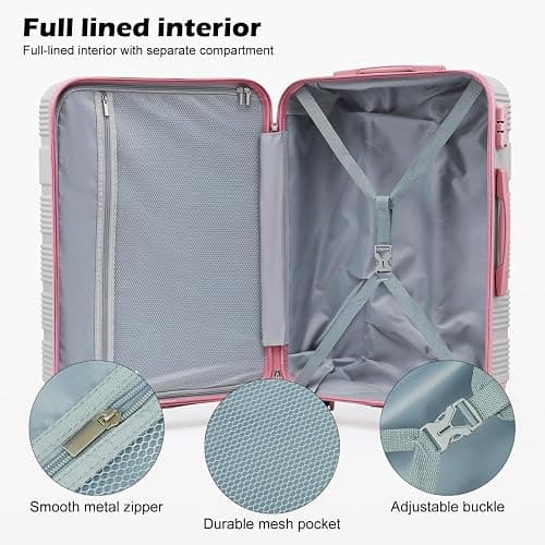 LONG VACATION Luggage Sets with Spinner Wheels, Carry on Suitcase 3 Piece | Tsa Approved Carry On Luggage,ABS+PC Hardshell,YKK Zipper,Lightweight,20 In Luggage for Travel Business,Grey-Pink (20/DB/TB) thumbnail 4