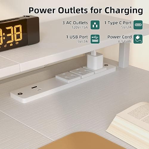 Flrrtenv Computer Desk with 6 Fabric Drawers, 39in Gaming Desk with Power Outlets & Fabric File Cabinet, Home Office Desk with Full Monitor Stand and Shelf, Study Writing Desk for Bedroom, White thumbnail 6