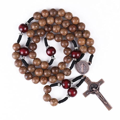 Nazareth Store Classic 10mm Solid Wood Rosary Beads Necklace for Men Olive & Dark Red Wooden Strong Rugged Corded Catholic Rosary with St.Benedict Medal & Cross Crucifix thumbnail 7