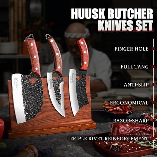 Huusk Butcher Knife Set Hand Forged Serbian Chef Knife Viking Boning Knife Cleaver Knife 3PCS Kitchen Knife Set for Meat Cutting Home & Outdoor Cooking BBQ Knives Gift for Men thumbnail 2