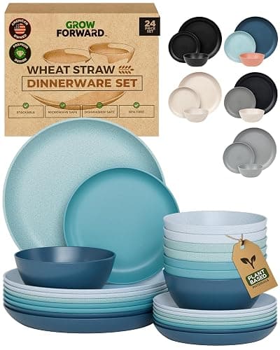 Grow Forward 24-piece Premium Wheat Straw Dinnerware Sets for 8 - Unbreakable Dishwasher & Microwave Safe Plastic Plates and Bowls Sets - Patio, Outdoors, RV, Camping Dishes - Seascape - Image 1