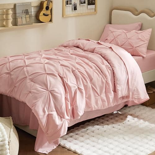 Bedsure Twin XL Comforter Set - Extra Long 5 Pieces Dorm Bedding Sets, Pinch Pleat Pink Bed in a Bag with Comforter, Sheets, Pillowcase & Sham thumbnail 2