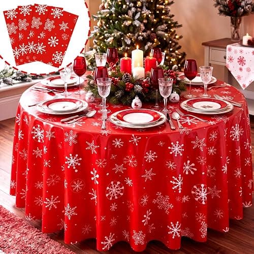 Ganeen 12 Pcs Snowflake Tablecloth Red White, Plastic Round Winter Xmas | Winter Table Covers with Placemats, Disposable for Easy Cleanup, Festive Snowflake Print for Holiday Parties thumbnail 4