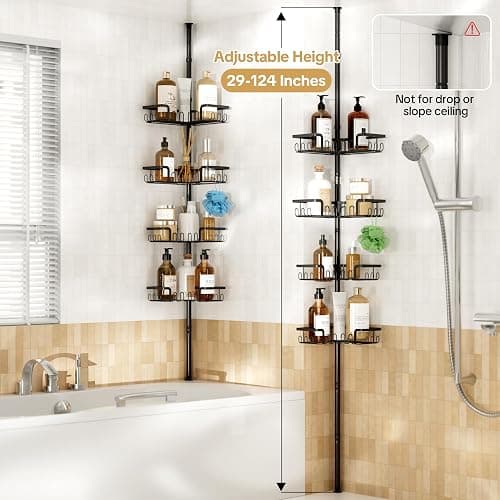 THKVESN Corner Shower Caddy Tension Pole Adjustable 29–124 Inch, 4 Tier Rustproof Shower Organizer Shelf Rack, Quick Installation Bathroom Storage Shower Caddy Corner Pole, Black thumbnail 2