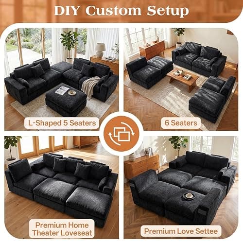 Vellorise 136" Cloud Modular Sectional Sofa with Detachable Comfort Seat Cushion, U-Shaped Convertible Boneless Couches for Living Room, Rearrange Freely, No Assembly, Misty Black, 6-Seater Ensemble thumbnail 7