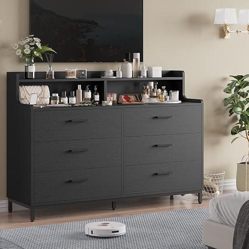 Hasuit Black Dresser for Bedroom with 6 Drawers and Storage Shelves, Wide Chest of Drawers with Sturdy Steel Legs, Large Wooden Storage Tower Dresser Organizer, Dressers for Bedroom, Clost, Entryway - Image 1