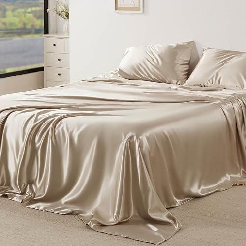 Bedsure Satin Sheets Queen Size - 4 Piece Silky Bedsheets with 15 Inches Deep Pocket Fitted Bedsheet,1 Flat Sheet, 2 Satin Pillowcases, Good for Hair & Skin (Queen, Khaki) thumbnail 3