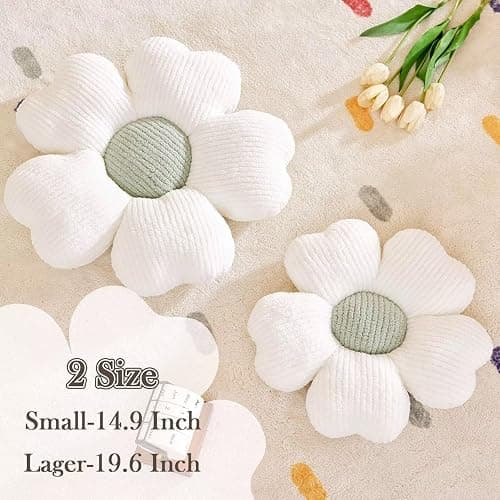 Kcvvcr Flower Throw Pillow, Cute Flower Shaped Pillow Decorative Throw Pillow for Bed Couch, Soft Daisy Pillows Floor Seating Cushion Cushions (14.9 Inch White+Green) thumbnail 3