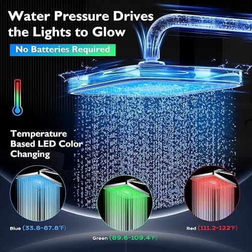 PinWin Shower Head, 8'' Dual Rain Shower Head with 11'' Adjustable Extension Arm, 7-Setting High-Pressure Handheld Combo, Rainfall LED Shower Head Water Temperature Controlled Color Changing,Chrome thumbnail 2