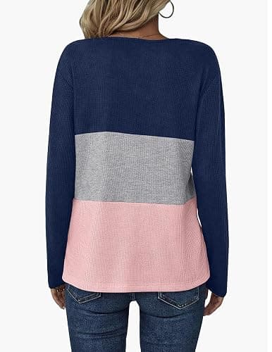 Zeagoo Women's Waffle Shirts V Neck Long Sleeve Tops Color Block T-Shirts Casual Pullover Tunics 2025 Fashion Basic Tees thumbnail 3