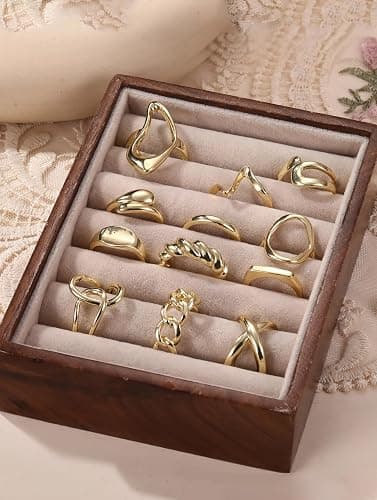 THUNARAZ 12 PCS Stackable Gold Rings for Women Adjustable Open Chunky Rings,14K Gold Plated Twisted Round Signet Rings for Gift thumbnail 6