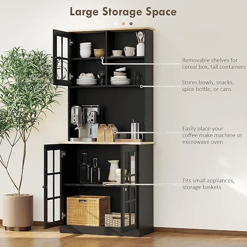 HOMCOM Kitchen Pantry Storage Cabinet, 72" Freestanding Cabinet with Hutch, Large Countertop, Glass Doors and Adjustable Shelves for Dining Room, Black thumbnail 4