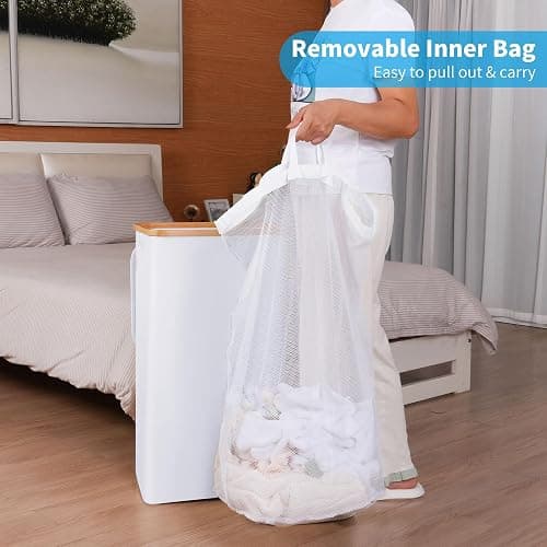 efluky Laundry Hamper with Lid, 100L Tall Laundry Basket with Bamboo Handles for Clothes and Toys, Collapsible Laundry Hamper with Inner Bag for Bedroom and Bathroom, White thumbnail 5