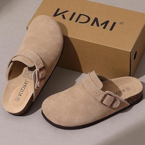 KIDMI Women's Suede Clogs with Back Strap Men's Leather Mules Cork Footbed Slip on Potato Shoes thumbnail 6