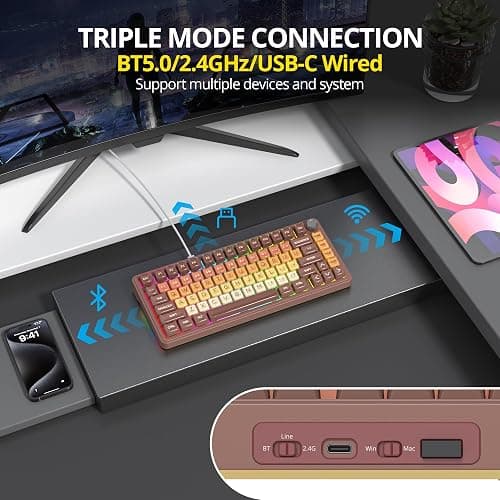 surmen 75% Brown Wireless Mechanical Keyboard Tri-Mode for PC/Laptop | BT5.0/2.4Ghz/USB,Hot-Swap,RGB Backlit,Creamy Sounding thumbnail 2