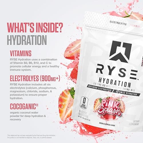 RYSE Hydration Electrolyte Powder Drink Mix Packets - Pink Splash - Sugar-Free Full Spectrum Electrolytes with Essential Vitamins, Taurine and Choline for Rehydration - 16 Serving Sticks thumbnail 5