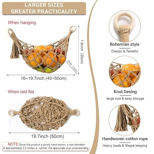 Halidali Hanging Fruit Hammock for Kitchen Under Cabinet, 2 Pack Basket Fruit Holder Net Boho Handwoven Vegetable Storage Organizing Saves Counter Space for Potato, Onion, Gifts (Linen) thumbnail 3