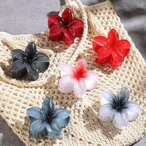 CHANDAT Flower Hair Clips 6 PCS Hawaiian Claw Clips for Vacation Hibiscus Hair Claw Clips Cute Large Hair Clips for Thick and Thin Hair Plumeria Hair Accessories for Women Girls -Dark Color thumbnail 3