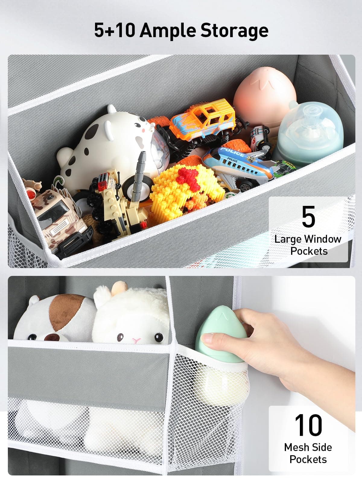 Yecaye 1 Pack Over The Door Organizer with 5 Bins 10 Side Pockets,44lbs Load Hanging Bathroom and Bedroom Organizer, Behind The Door Storage for Nursery Newborn Baby Essential Stuff, Grey thumbnail 3