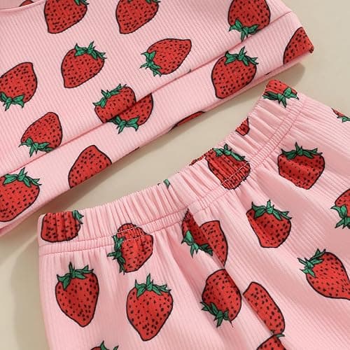 Honganda Fashion 2Pcs Toddler Baby Girl Strawberry Outfit Set Ruffle Short Sleeve Crop Top Flared Pants Summer Knit Clothes thumbnail 6