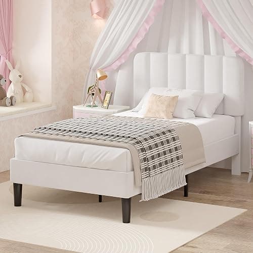 VECELO Twin Size Bed Frame with Upholstered Headboard, Velvet Platform Bedframe Mattress Foundation, Strong Wood Slat Support, No Box Spring Needed,White - Image 1