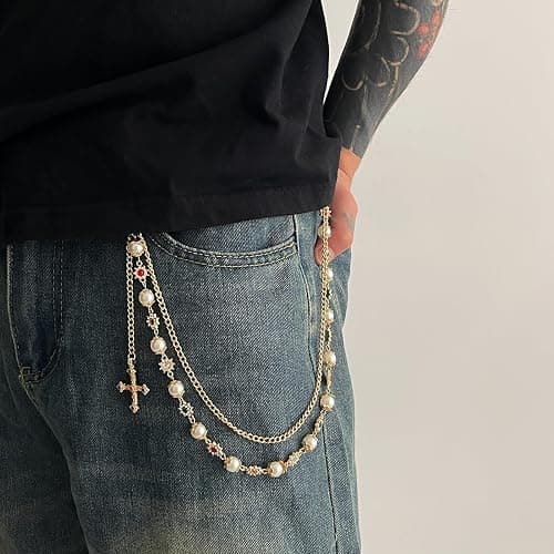 Fashion Layered Pants Wallet Chains - Exquisite Gold Silver Rhinestone Flower Pearl Jean Pocket Chain for Women Men Cute Bag Purse Charms Jewelry thumbnail 4