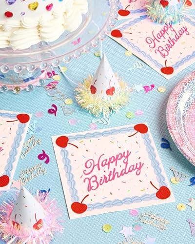xo, Fetti Happy Birthday Napkins - 25 Paper Napkins | Birthday Decorations, Cake, Rainbow Sprinkles, Cherry, Icing, Party, Tablescape, Dessert thumbnail 2