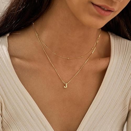 JIAOGE Christmas Gifts for Women Girls - Gold/Silver Bubble Pendent Layered Initial Necklaces for Women Dainty Gold Necklace for Women Beaded Box Chain Choker Letter Necklace Gold Jewelry for Women thumbnail 5