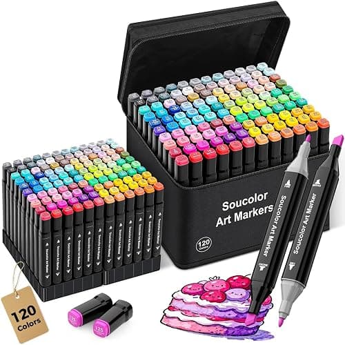 Soucolor Alcohol Markers 120 Colors with Case & Holders, Dual Tips Chisel & Fine Art Markers for Adult Coloring Kids Drawing, Artist Markers Art Supplies for Blending Sketching - Image 1