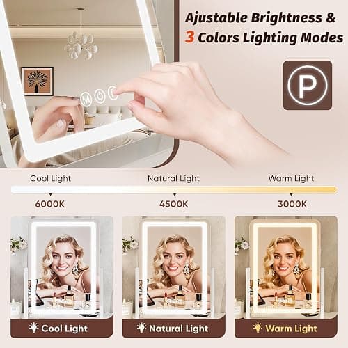 Novlux Vanity Mirror with Lights, 18"x13" Hollywood Lighted Makeup Mirror for Tabletop & Bedroom 3 Color Lighting Modes Smart Touch Control 360° Rotation Detachable thumbnail 8
