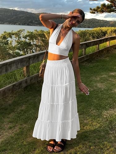 LUXVEER Women’s Summer Boho Maxi Skirts Smocked High Wasited Flowy Tiered Ruffle A Line Long Beach Skirt thumbnail 5