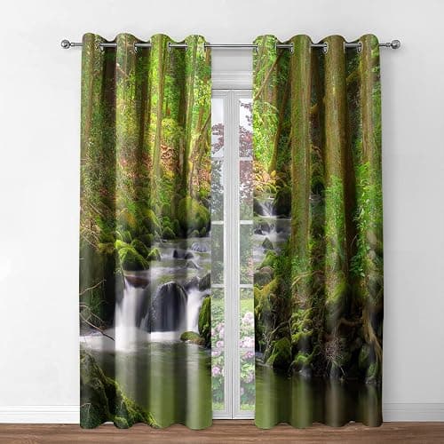 Jekeno Forest Blackout Curtains Green Trees Jungle Mountains Flowing Stream Waterfall Mossy Rocks Nature Scenery Decor Bedroom Living Room Darkening Grommet Window Drapes 2 Panel Set, 42"x54" thumbnail 3