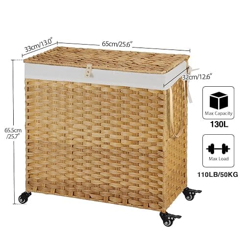 Greenstell Laundry Hamper with Wheels&Lid, 130L Large 3 Sections Clothes Hamper with 2 Types Removable Liner Bags, 5 Mesh Laundry Bags, Handwoven Divided Laundry Basket for Clothes, Natural - Natural - 130L: 25.6x13.0x25.7 Inches thumbnail 3