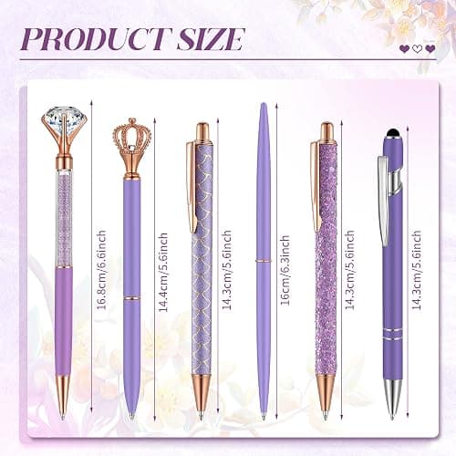 Qeeenar 6 Pcs Ballpoint Pens Set Metal Crystal Diamond Pen for Journaling Glitter Pretty Cute Stationery Black Ink Fancy Gifts for Women Girls Teacher Office Wedding School Supplies(Purple Series) thumbnail 2