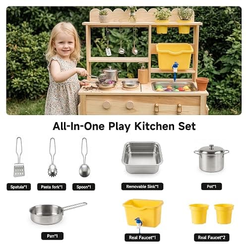 Wooden Mud Kitchen for Kids with Working Faucet and Removable Sink | Outdoor Play Kitchen Set with 10 Accessories, Stainless Steel Cookware & Planter Pots, Kids Play Kitchen for Ages 3+ thumbnail 4