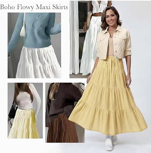 DERAX Women's Boho Flowy White Maxi Skirt Ruffle Elastic Waist Long Skirts | Flared, Summer, A Line, High Waisted, 2026 Spring, Fall, Drawstring, Casual, Beach, Vacation, Midi Skirt with Lining thumbnail 4