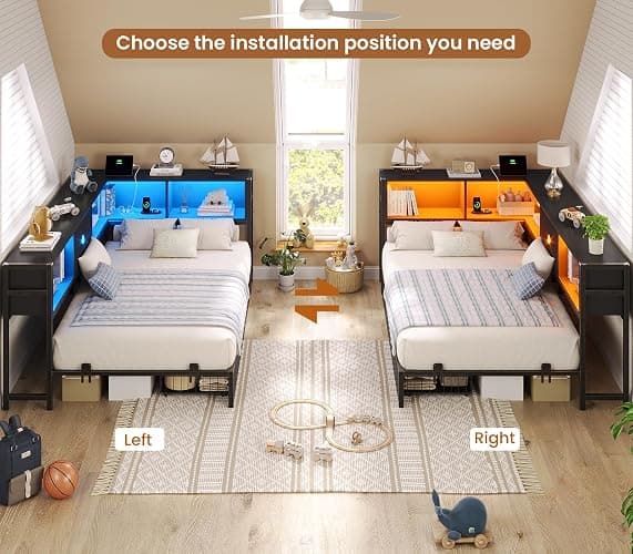 Hasuit Twin Corner Bed Frame with Storage Drawers and Bookcase Headboard, Twin Size Metal Platform Corner Bed Frame with Charging Station and LED Lights, Twin Daybed for Kids Teens Guests, Black thumbnail 7