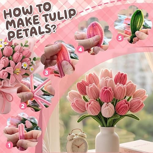 houlishu 400 Pcs Pipe Cleaners Craft Kit - 300 Pink 100 Green Chenille Stems with Floral Wires Stamens Ribbon Adhesive Tapes for DIY Flower Making thumbnail 4
