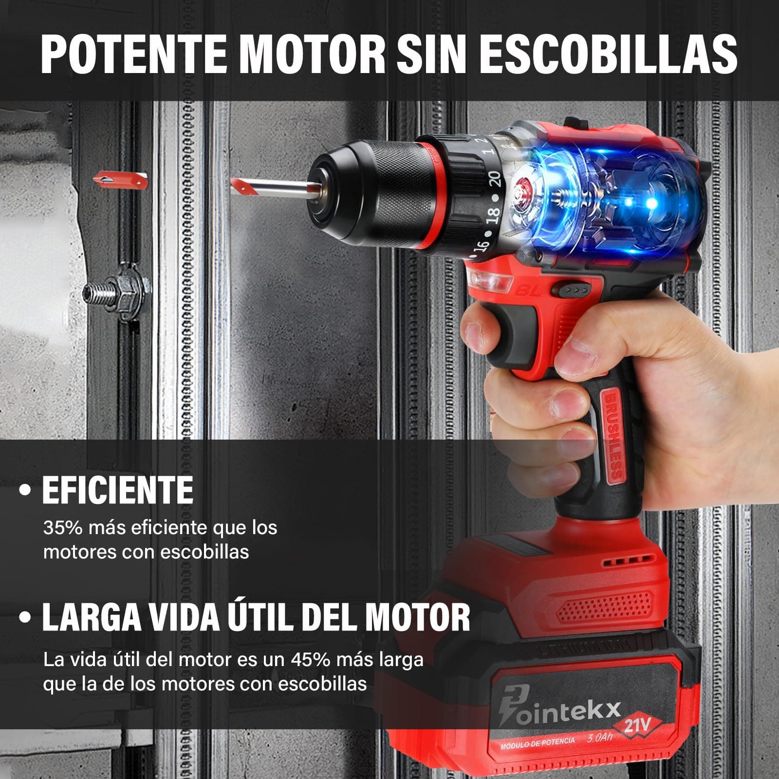 Taladro Inalámbrico 21V, 55N.m Taladro Atornillador Inalambrico Motor sin Escobillas, 3 Modos (Perforación/Tornillo/Impacto), 20 Ajuste Esfuerzo de torsión, 2 Baterías de 3.0Ah thumbnail 6