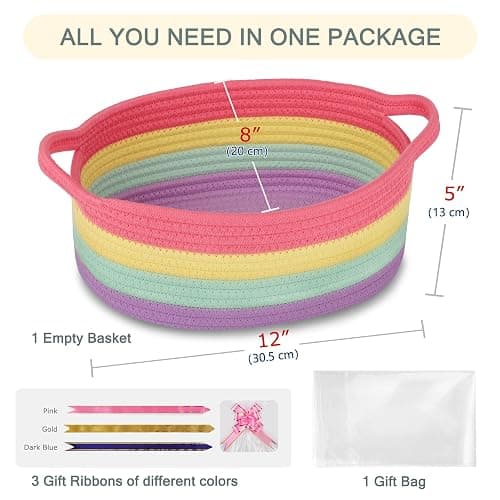 COMSE Small Woven Basket with Gift Bags and Ribbons, Gift Basket Empty, Cotton Rope Storage Organizer, Baby Toy Box with Handles, 12" x 8" x 5", Rainbow thumbnail 2
