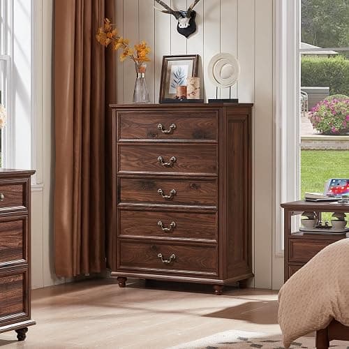 Joaxswe Farmhouse 5 Drawer Dresser for Bedroom, 45" Tall Rustic Chests of Drawers w/ 4 Solid Wood Feet, Mid Century Modern Wooden Closet Storage Dressers Organizer for Living Room, Hallway, Brown thumbnail 8