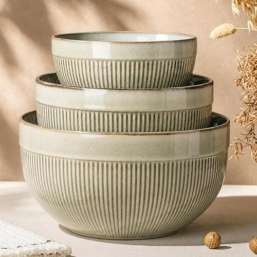 GBhome Ceramic Mixing Bowls Set of 3, Stoneware Nesting Serving Bowls, | 45/90/150 oz For Prep, Baking, Serving, Gift, Microwave and Dishwasher Safe, Ribbed Dishware Collection,Desert Sage - Image 1