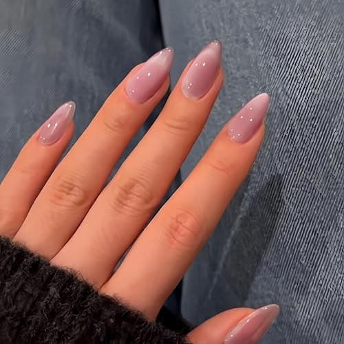 KQueenest Dusty Pink Cat Eye Press on Nails Almond Shape, 30 Pcs Glitter Fake Nails Medium Long, Semi-Transparent Sparkle Glass Nails Press on, Shiny Acrylic Nails, Bling Stick on Nails for Women thumbnail 2
