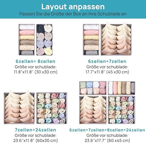 Vtopmart 4 Pack Underwear Drawer Organizers Set, 6+7+8+24 Cells Clothes Drawer Dividers Dresser Organizers Bins for Socks, Bras, Scarves, Ties, Non-Woven Fabric Storage Boxes for Closet, Nursery thumbnail 6